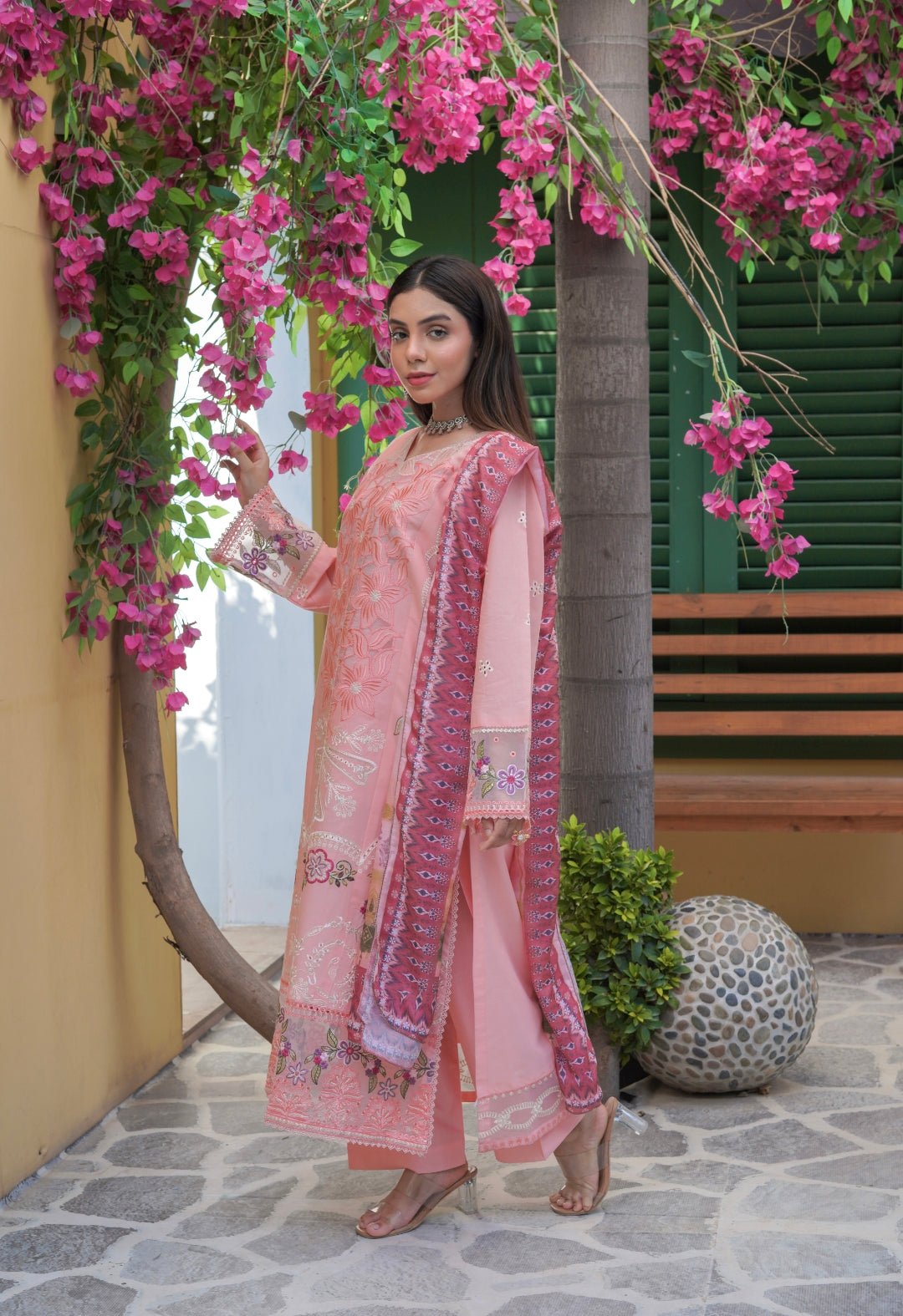 Peach Embroidered 3-Piece Suit with Printed Chiffon Dupatta - sitarastyle.com