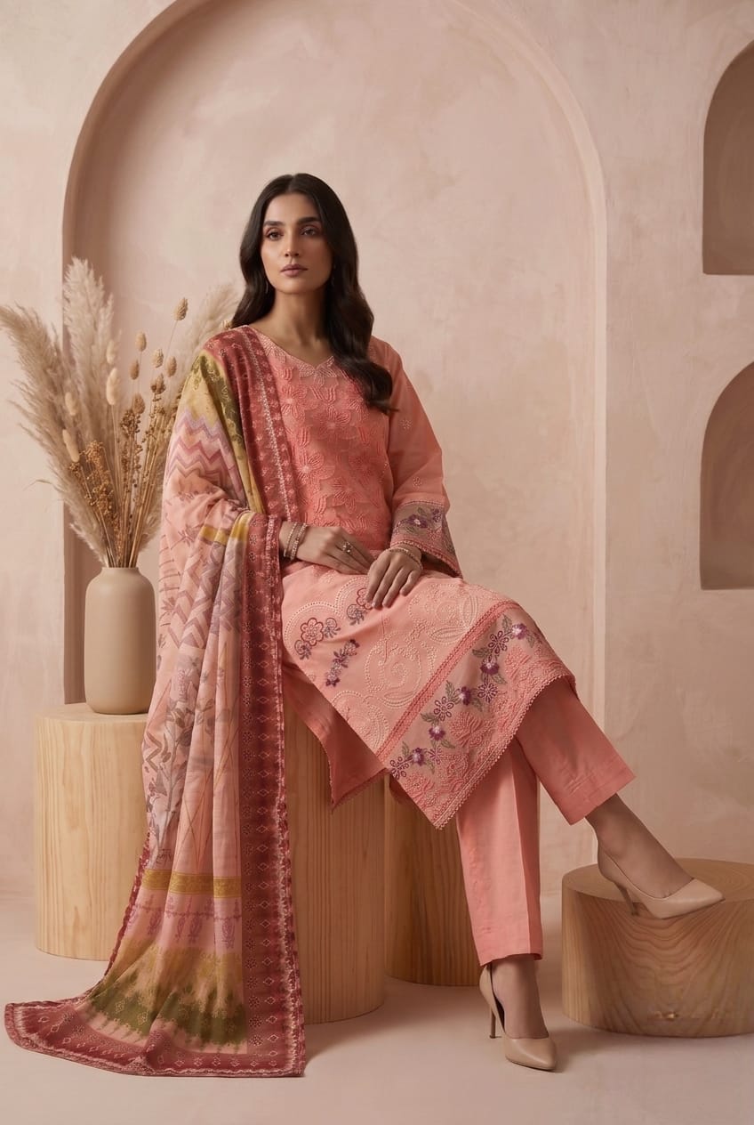 Peach Embroidered 3 - Piece Suit with Printed Chiffon Dupatta - sitarastyle.com