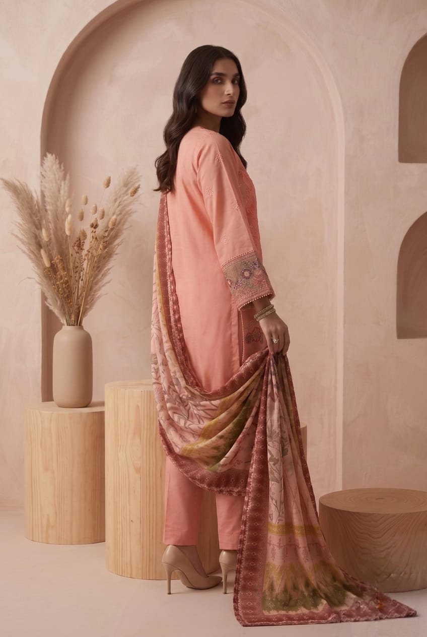 Peach Embroidered 3 - Piece Suit with Printed Chiffon Dupatta - sitarastyle.com