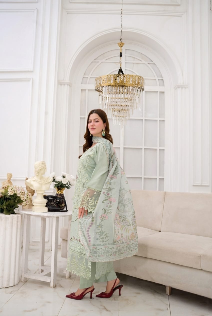 Pistachio Green Embroidered 3 - Piece Suit with Premium Patches - sitarastyle.com