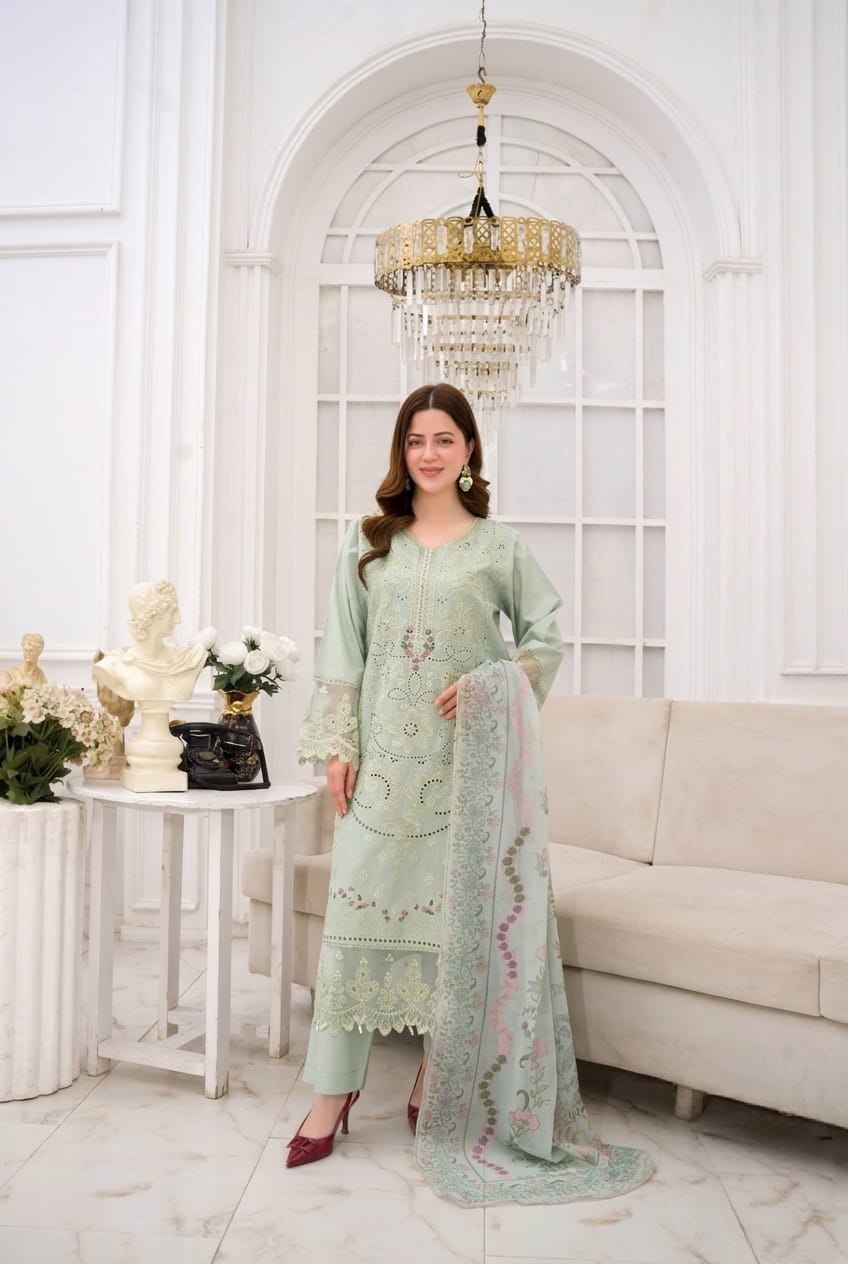 Pistachio Green Embroidered 3 - Piece Suit with Premium Patches - sitarastyle.com