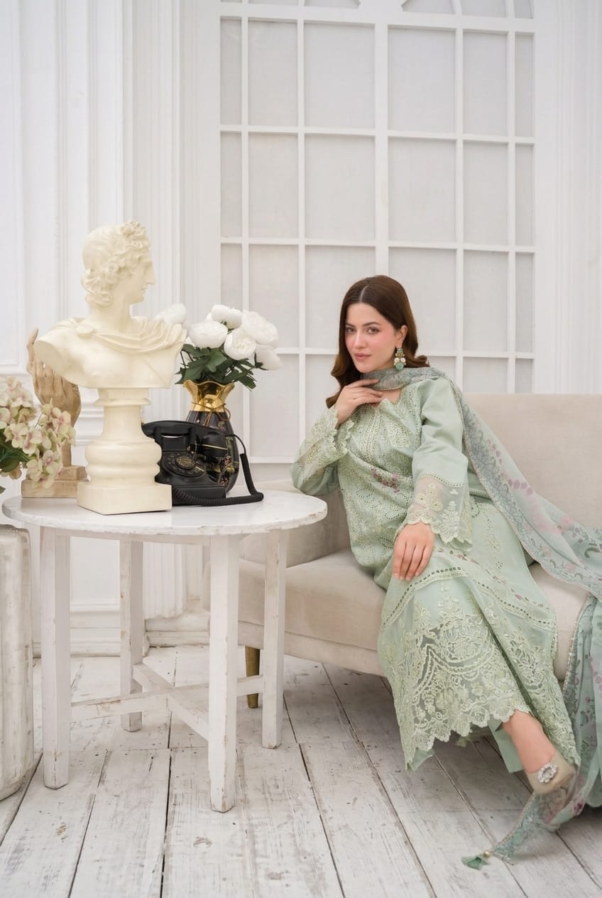 Pistachio Green Embroidered 3 - Piece Suit with Premium Patches - sitarastyle.com
