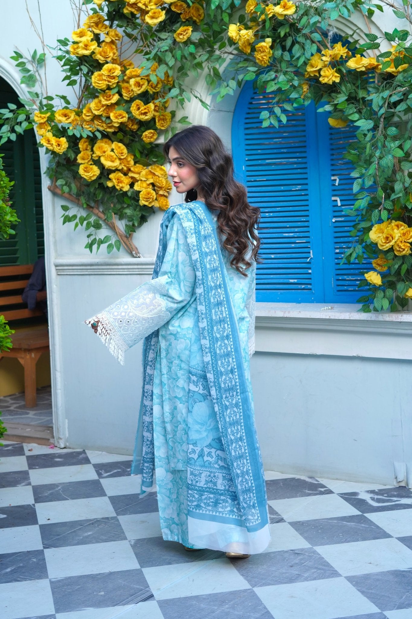 Printed Lawn 3-Piece Suit with Silk Chiffon Dupatta & Flapper Trouser - sitarastyle.com