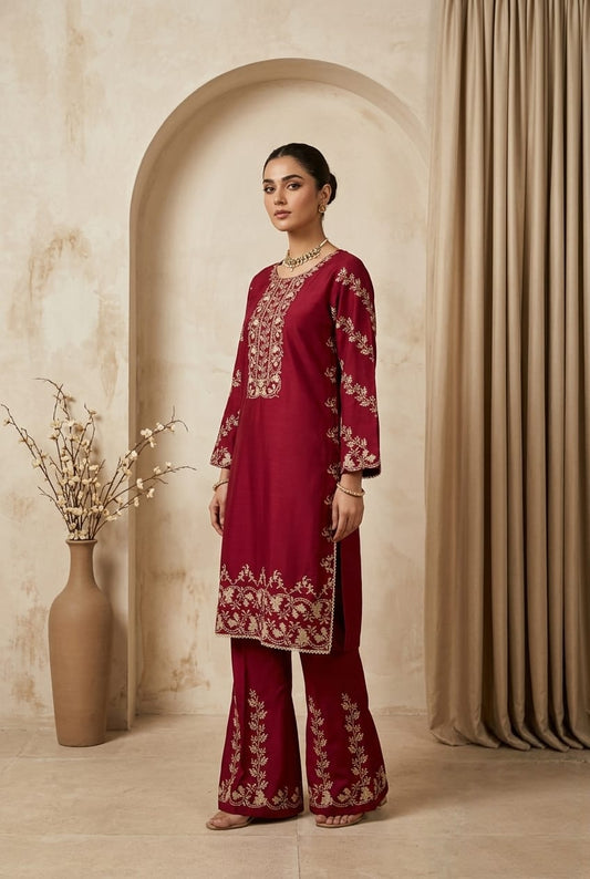 Red 2pc Embroidered Lawn Suit with Flapper | Thread Work Kurta - sitarastyle.com