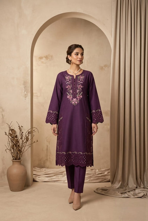Royal purple embroidered lawn suit with thread work kurta - Sitara Style