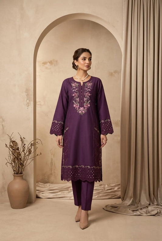 Royal Purple 2pc Embroidered Lawn Suit | Thread Work Kurta - sitarastyle.com