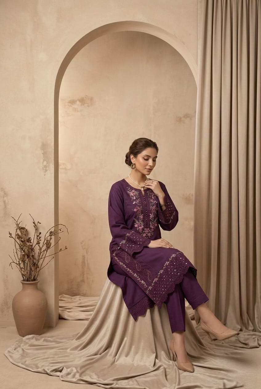 Royal Purple 2pc Embroidered Lawn Suit | Thread Work Kurta - sitarastyle.com