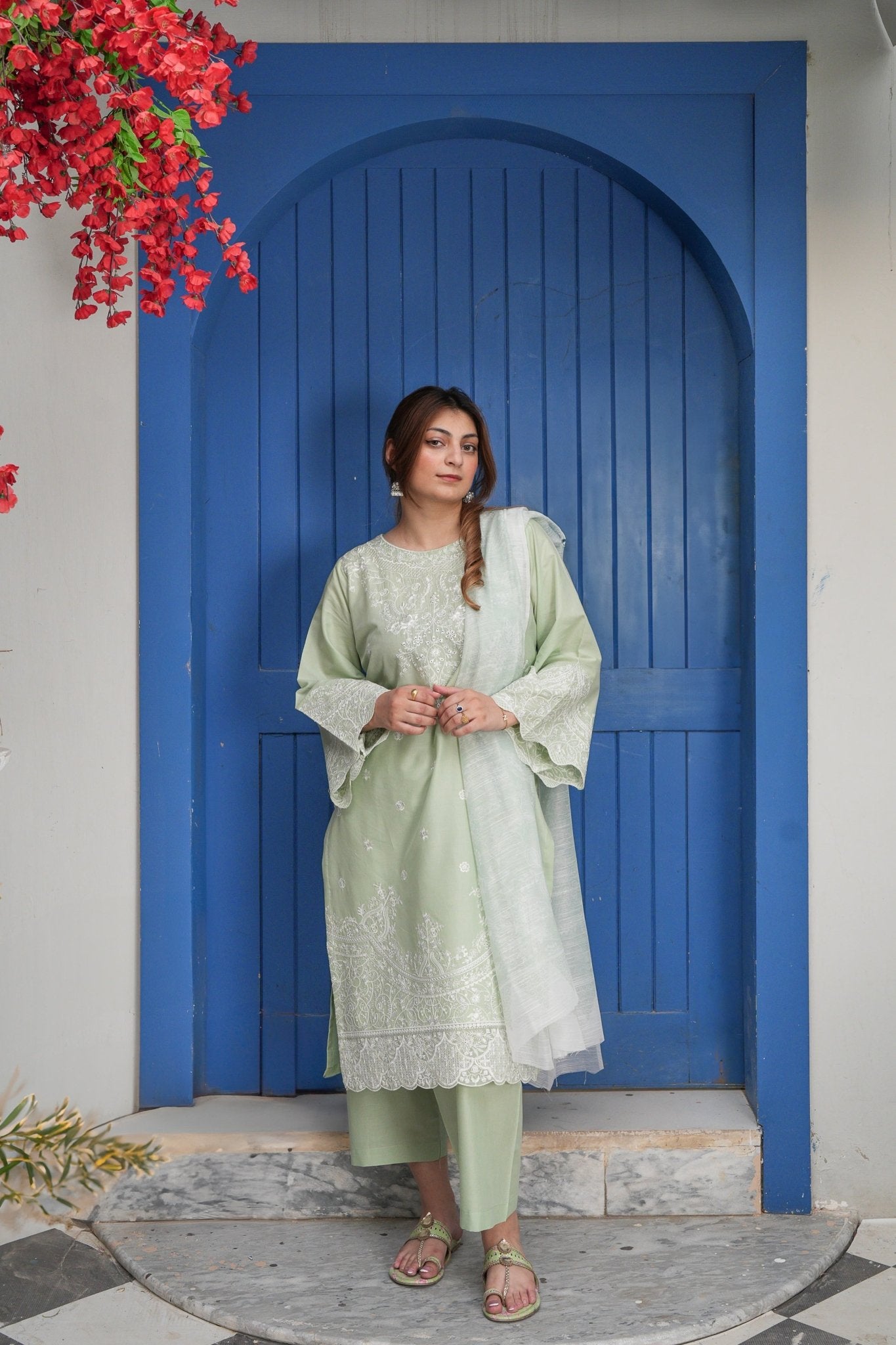 Sage Green Embroidered 3-Piece Lawn Suit with Daman Patch Work - sitarastyle.com