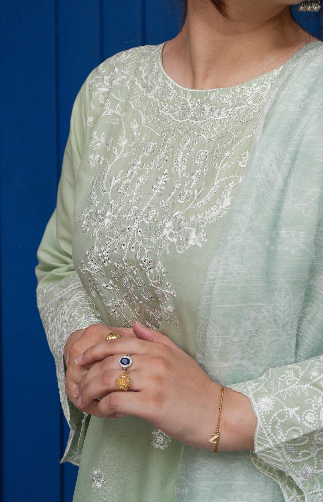 Sage Green Embroidered 3-Piece Lawn Suit with Daman Patch Work - sitarastyle.com