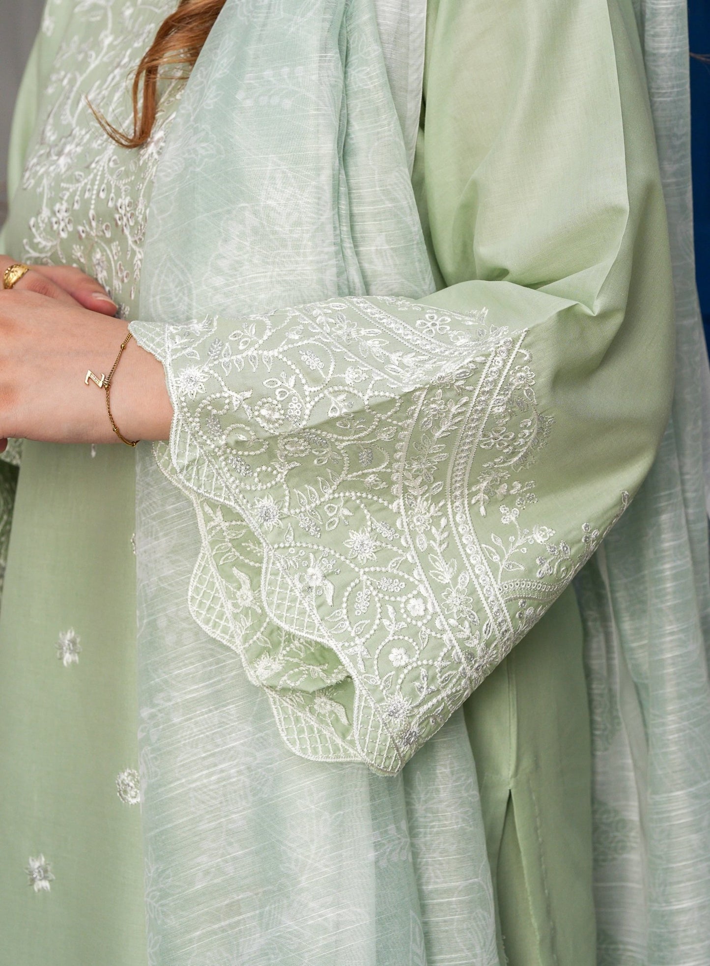 Sage Green Embroidered 3-Piece Lawn Suit with Daman Patch Work - sitarastyle.com