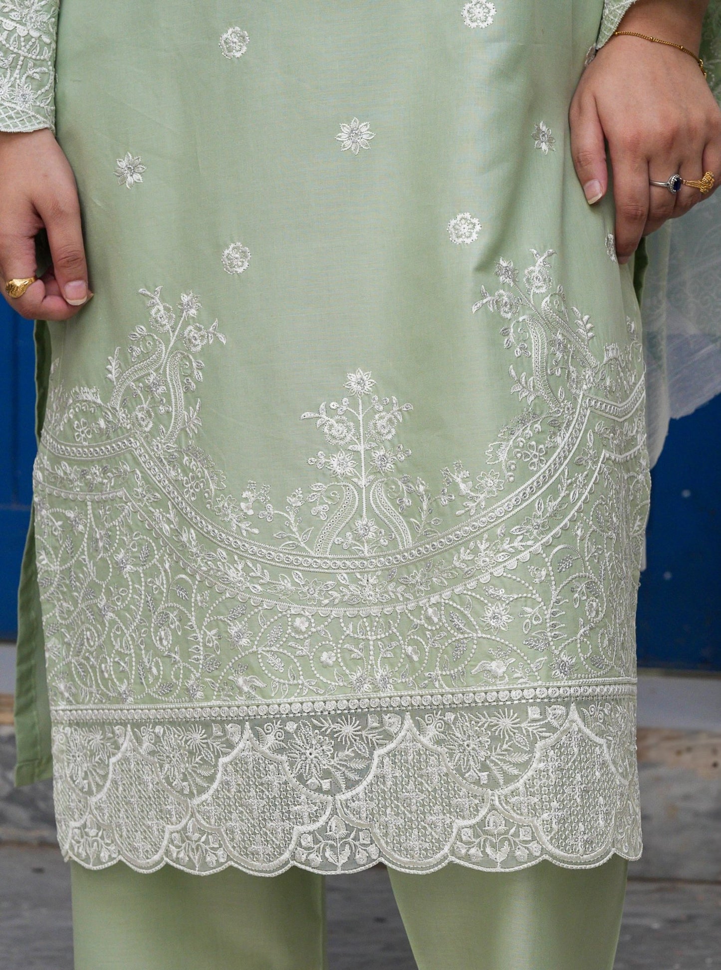 Sage Green Embroidered 3-Piece Lawn Suit with Daman Patch Work - sitarastyle.com