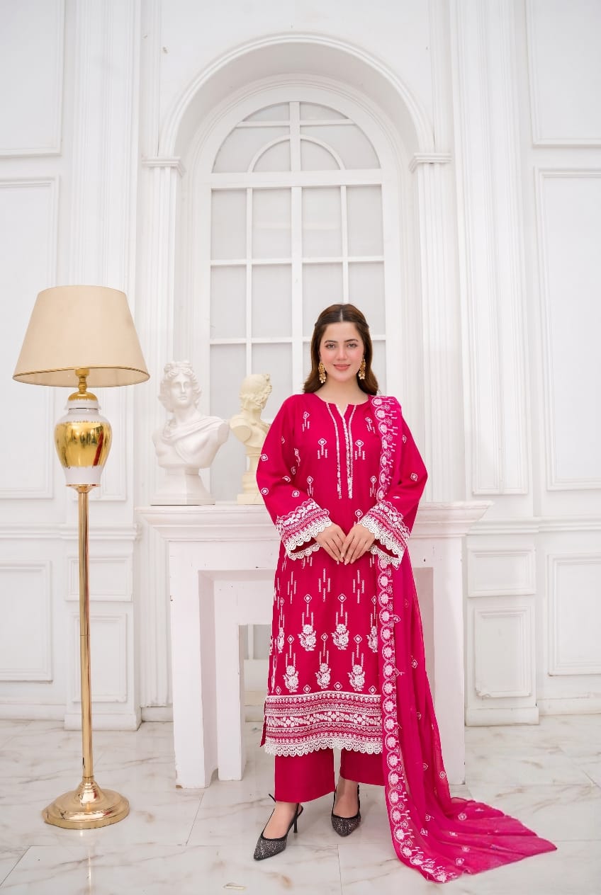 Shocking Pink 3 - Piece Embroidered Suit Chiffon Dupatta - sitarastyle.com