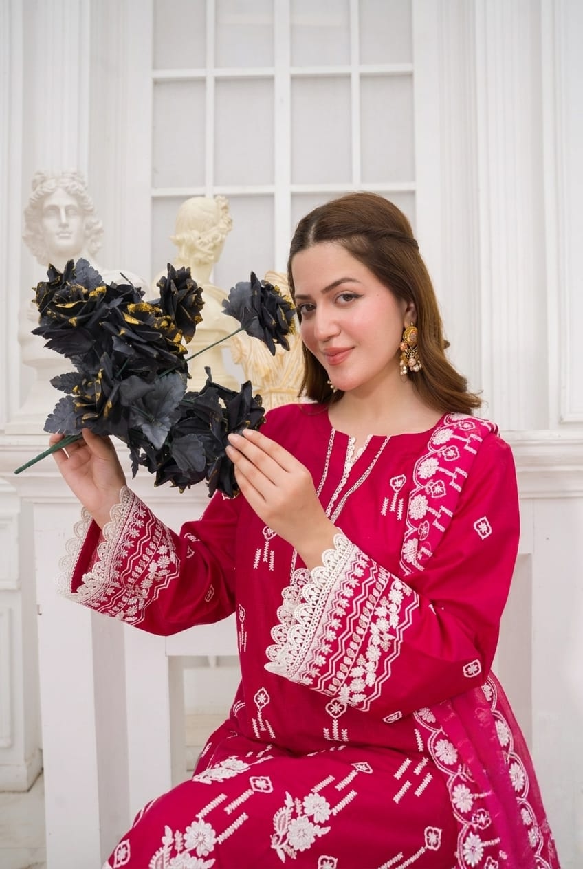 Shocking Pink 3 - Piece Embroidered Suit Chiffon Dupatta - sitarastyle.com