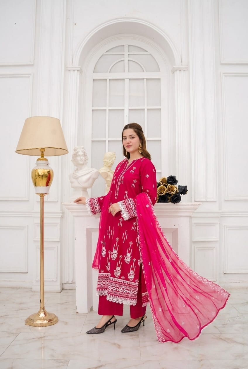 Shocking Pink 3 - Piece Embroidered Suit Chiffon Dupatta - sitarastyle.com