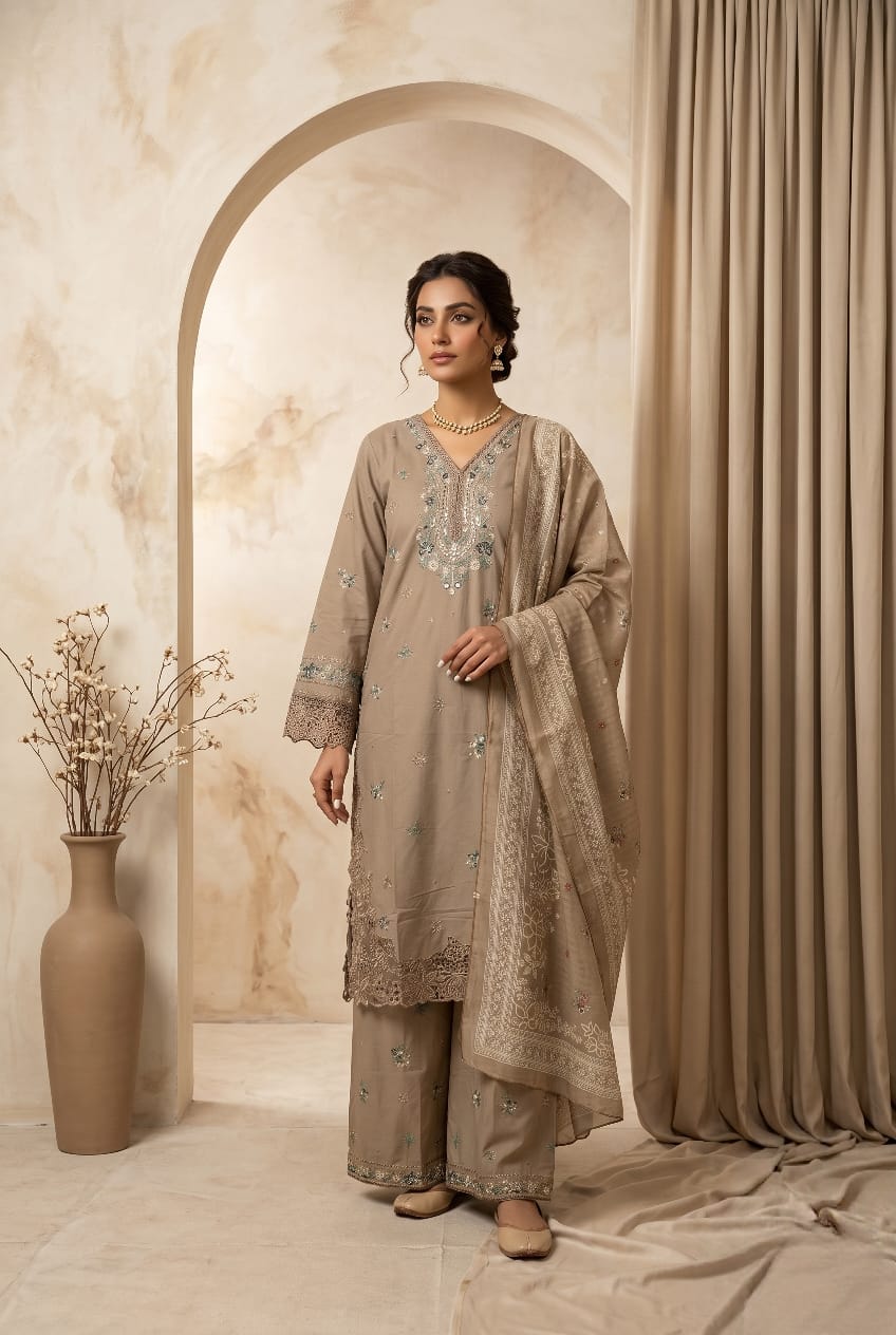 Skin Beige 3 - Piece Lawn Suit with Intricate Cutwork Embroidery - sitarastyle.com