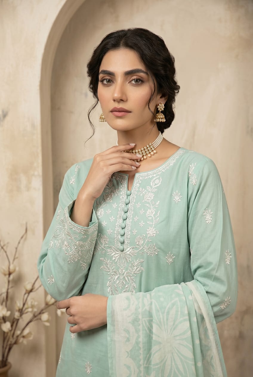 Sky Blue Embroidered 3 - Piece Lawn Suit with Flapper Trousers - sitarastyle.com
