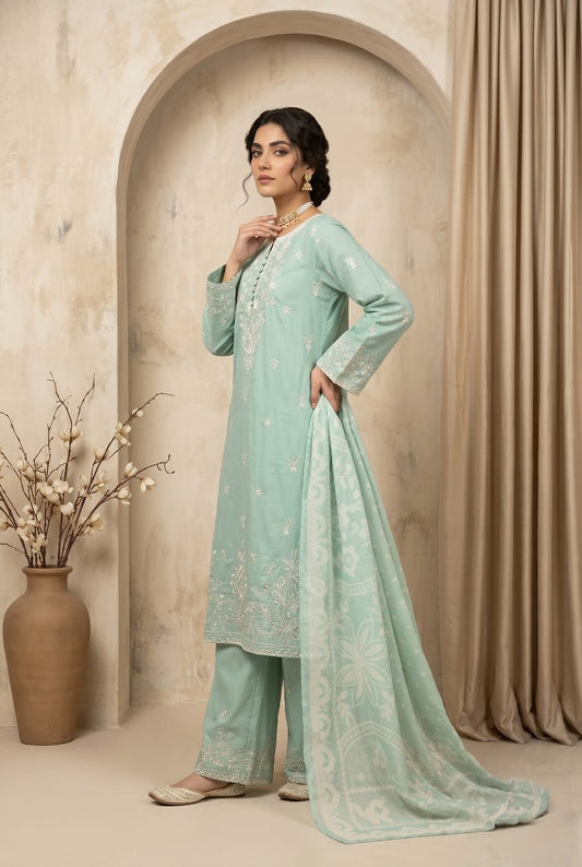 Sky Blue Embroidered 3 - Piece Lawn Suit with Flapper Trousers - sitarastyle.com