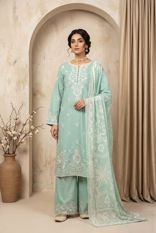 Sky blue embroidered 3pc lawn suit with flapper trousers - Sitara Style
