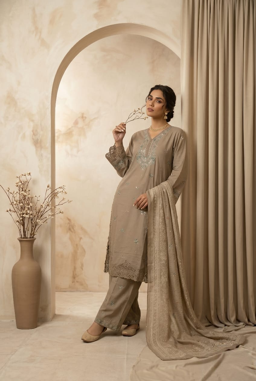 Skin Beige 3-Piece Lawn Suit with Intricate Cutwork Embroidery