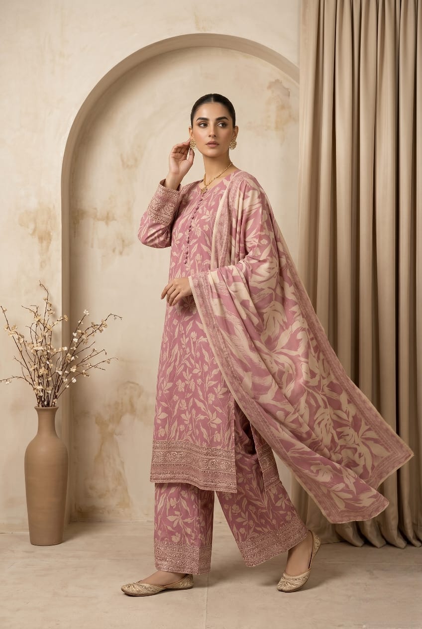 Tea Pink Embroidered 3 - Piece Printed Lawn Suit - sitarastyle.com