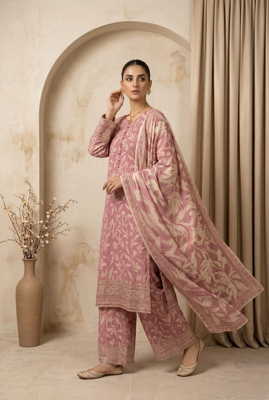 Tea Pink Embroidered 3 - Piece Printed Lawn Suit - sitarastyle.com