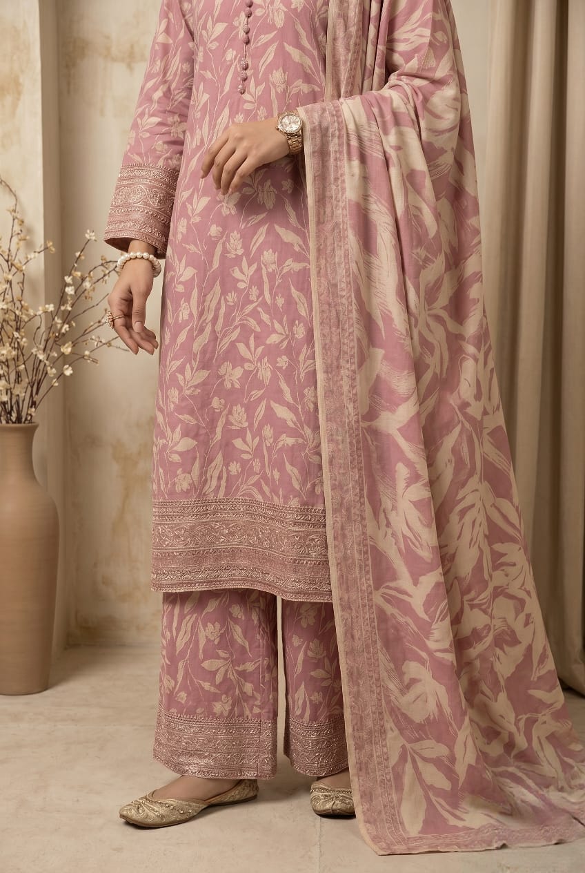 Tea Pink Embroidered 3 - Piece Printed Lawn Suit - sitarastyle.com
