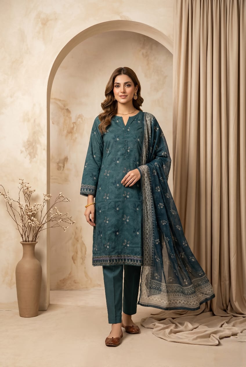 Teal Blue 3-Piece Printed Lawn Suit - sitarastyle.com