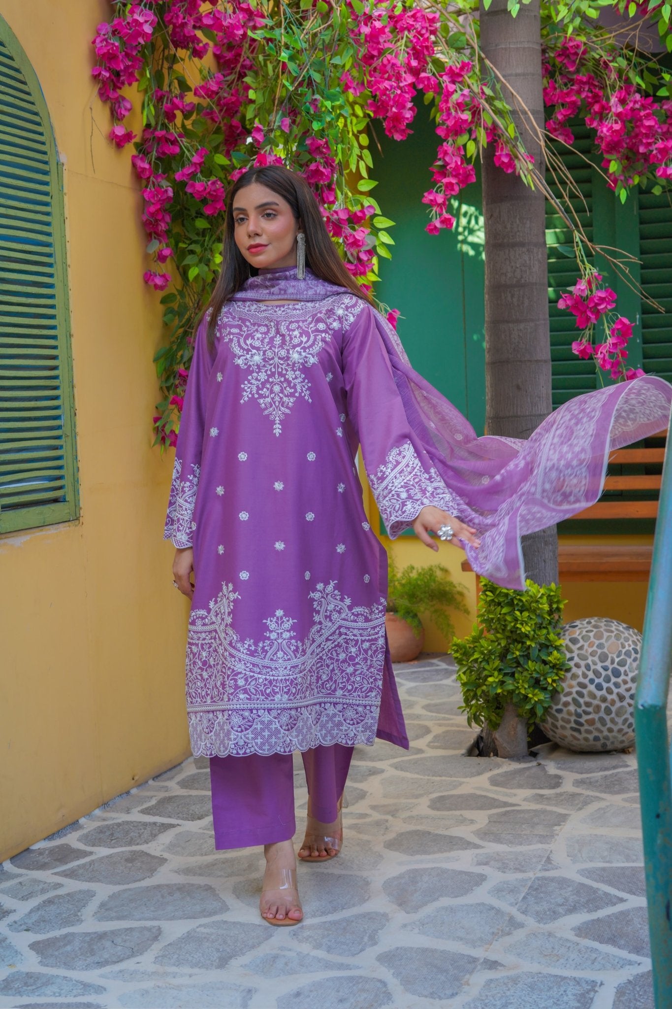 Violet Embroidered 3-Piece Lawn Suit with Daman Patch Work - sitarastyle.com