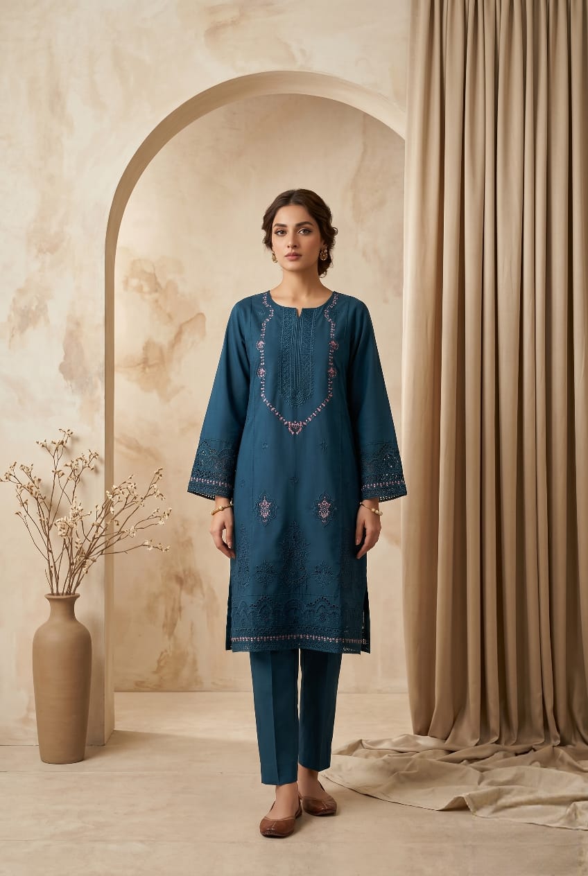 Zinc Blue Embroidered 2 - Piece Lawn Suit with Thread Work - sitarastyle.com