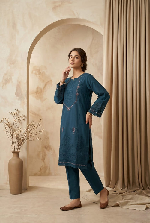 Aliya zinc blue embroidered 2pc lawn suit with thread work - Sitara Style
