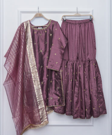 Hand-Embroidered Katthan Silk Gharara 3-Piece Suit | Masoori Dupatta