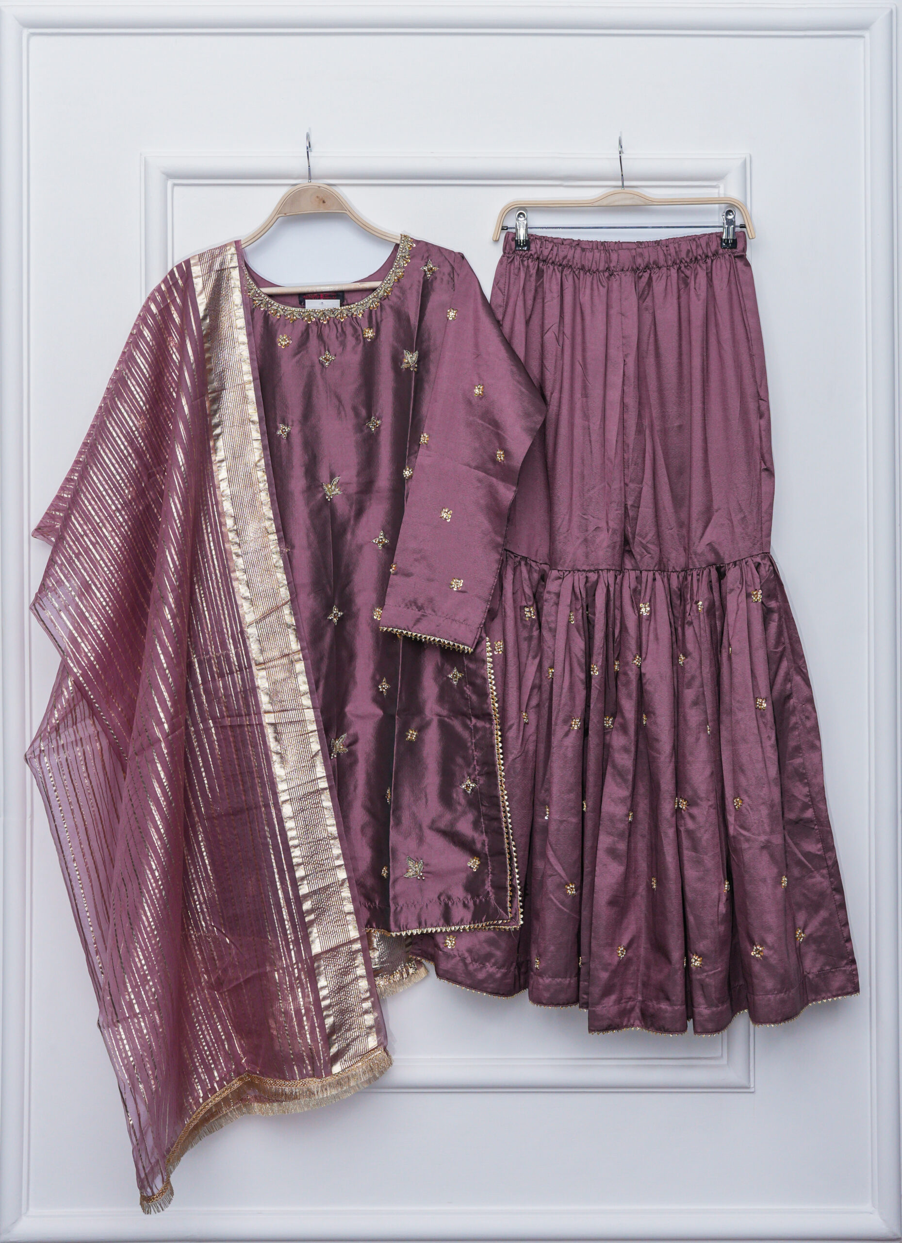 Hand-Embroidered Katthan Silk Gharara 3-Piece Suit | Masoori Dupatta