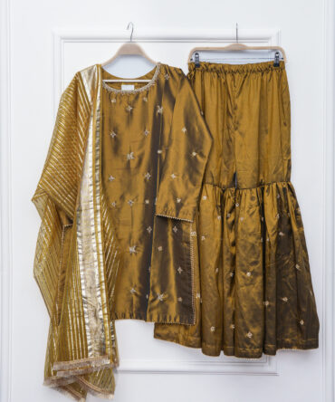 Gold Embellished Katthan Silk Gharara 3-Piece Suit | Hand-Embroidered Luxury