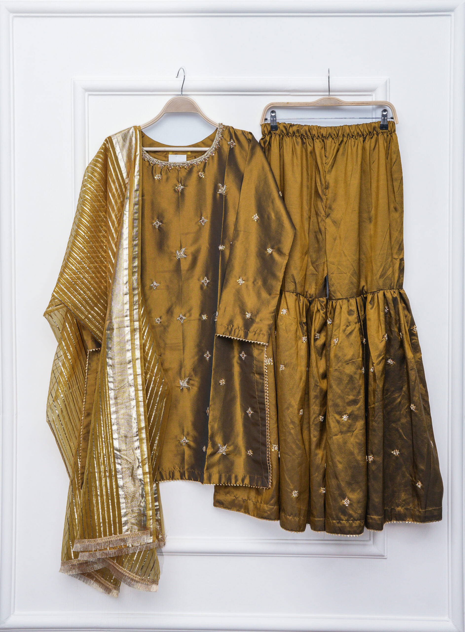 Gold Embellished Katthan Silk Gharara 3-Piece Suit | Hand-Embroidered Luxury