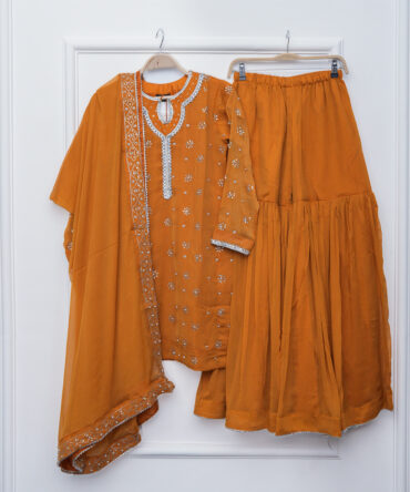 Vintage Rosewood Chiffon Gharara 3-Piece Set | Elegant Flowing Ensemble