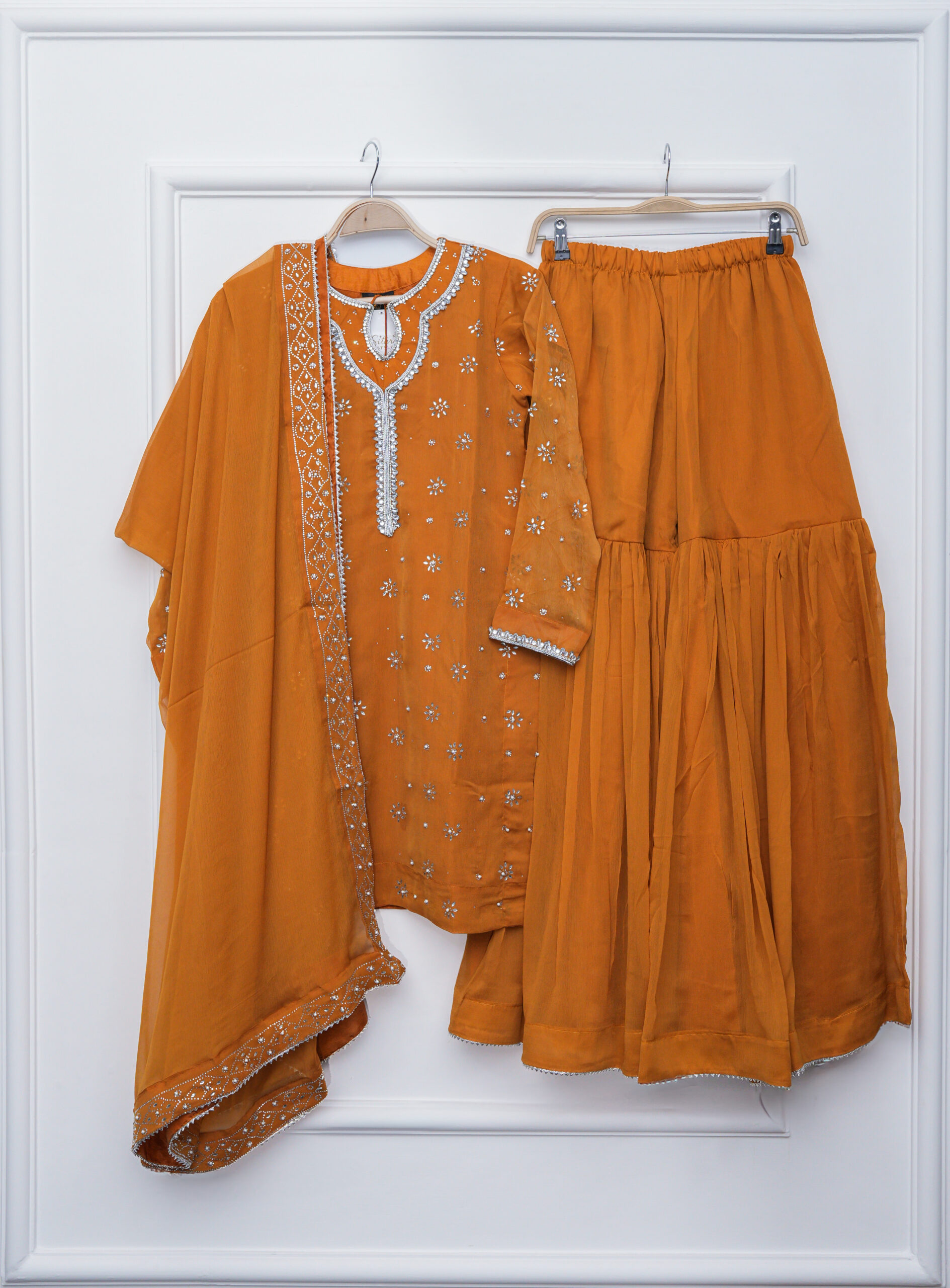 Vintage Rosewood Chiffon Gharara 3-Piece Set | Elegant Flowing Ensemble