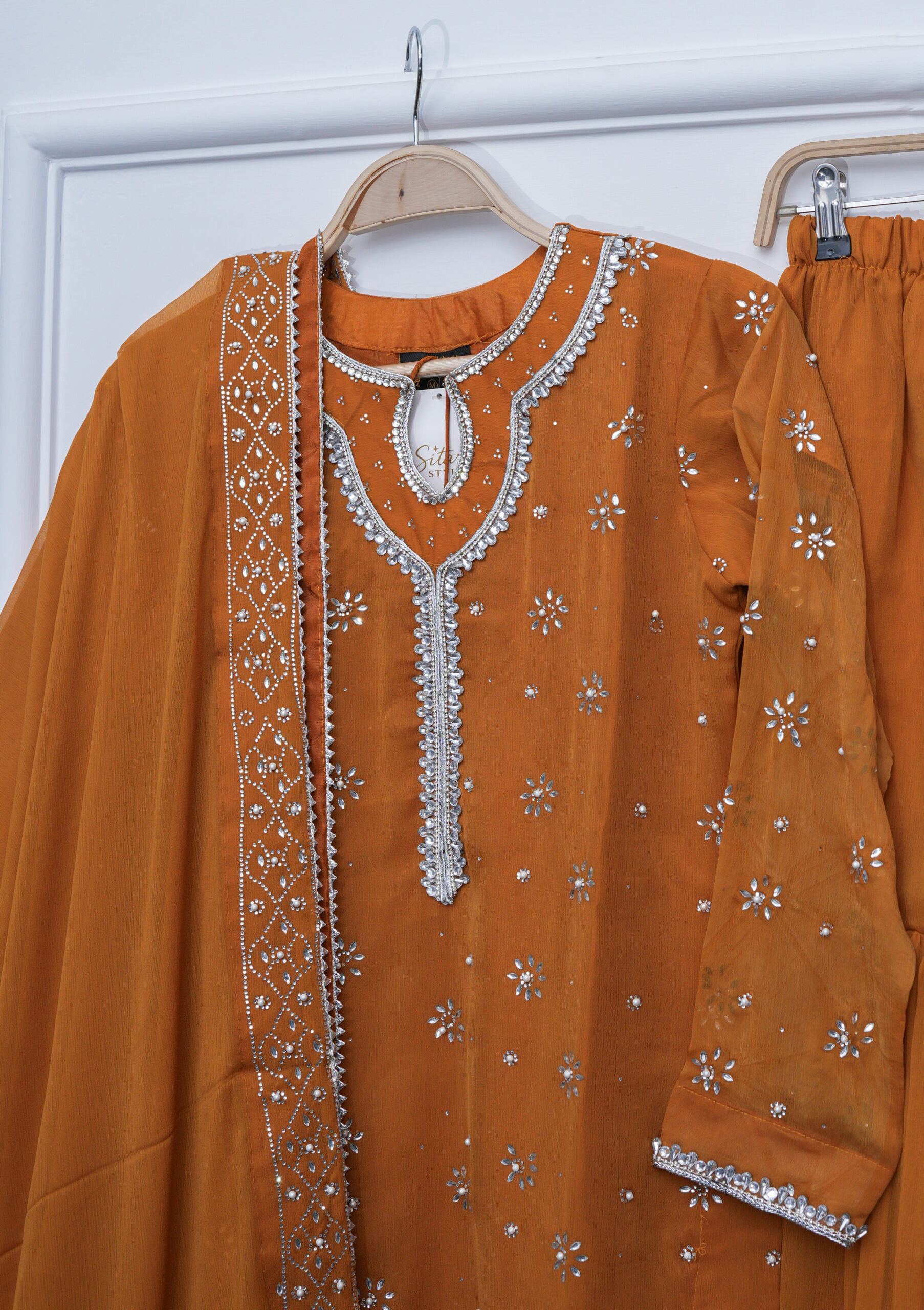 Vintage Rosewood Chiffon Gharara 3-Piece Set | Elegant Flowing Ensemble