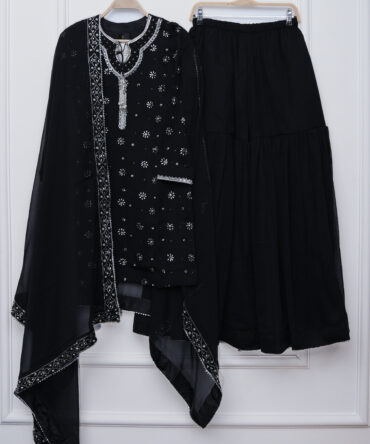 Midnight Onyx Chiffon Gharara 3-Piece Set | Sleek Black Elegance