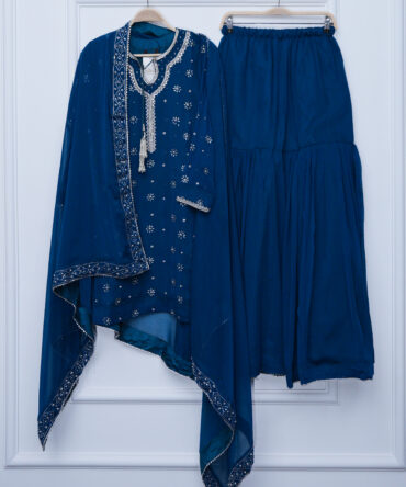 Royal Navy Chiffon Gharara 3-Piece Set | Deep Blue Elegance