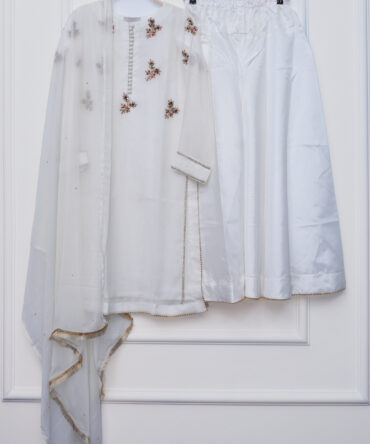 Silver Mist Hand-Embroidered Katthan Silk & Chiffon Sharara 3-Piece Set