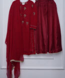 Crimson Velvet Hand-Embroidered Katthan Silk & Chiffon Sharara 3-Piece Set