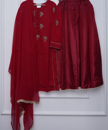Crimson Velvet Hand-Embroidered Katthan Silk & Chiffon Sharara 3-Piece Set