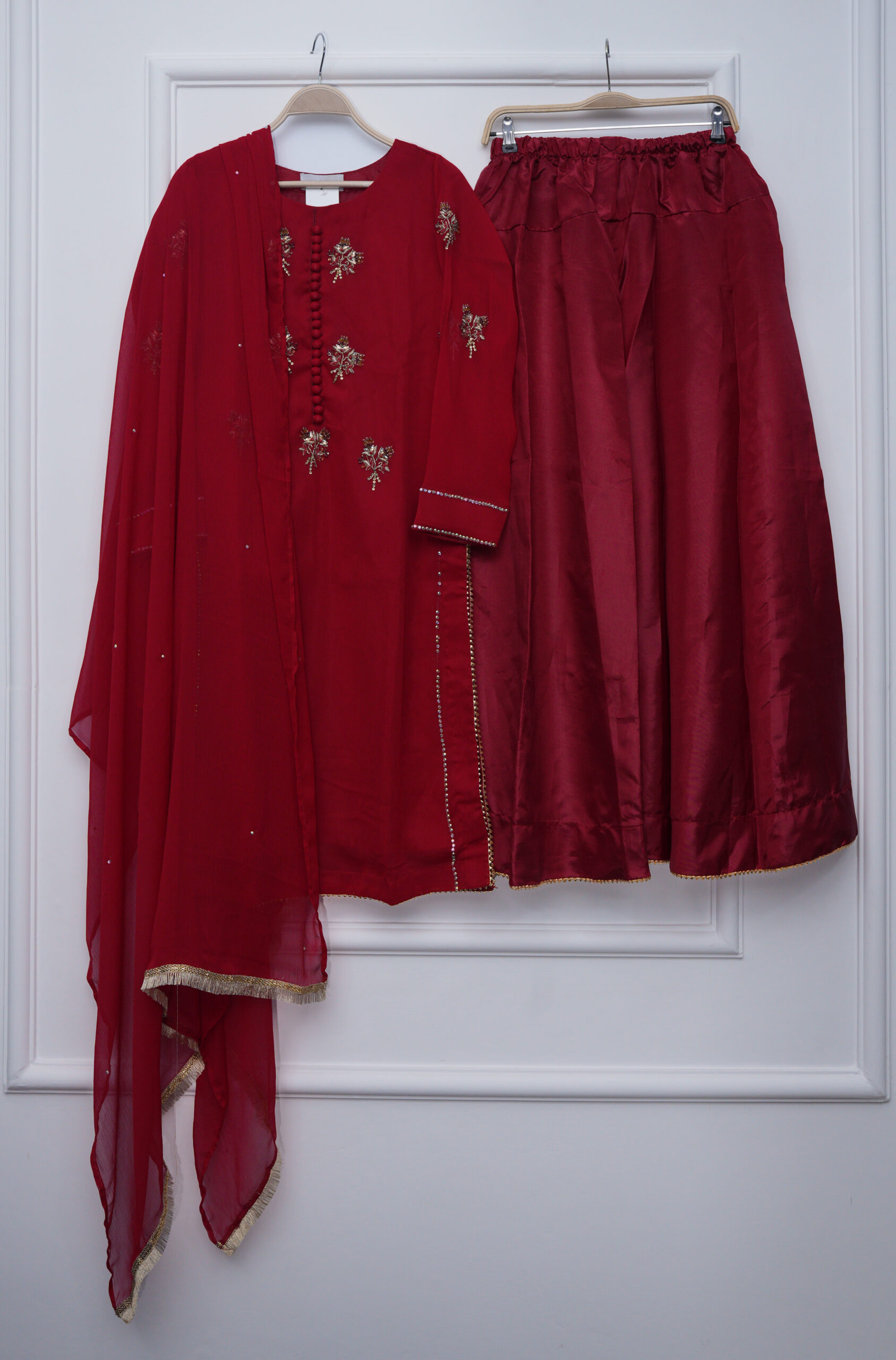 Crimson Velvet Hand-Embroidered Katthan Silk & Chiffon Sharara 3-Piece Set