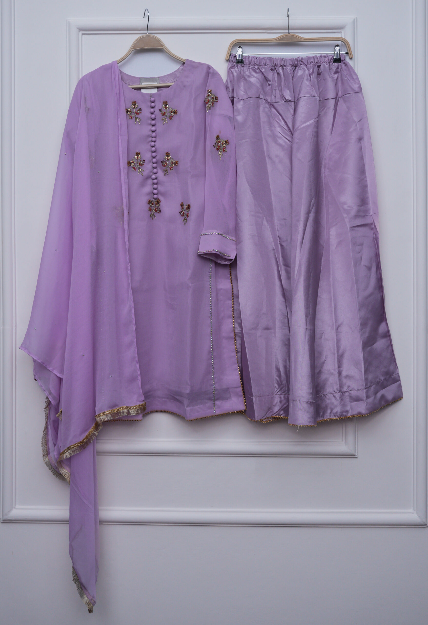 Dusty Plum Hand-Embroidered Katthan Silk & Chiffon Sharara 3-Piece Set