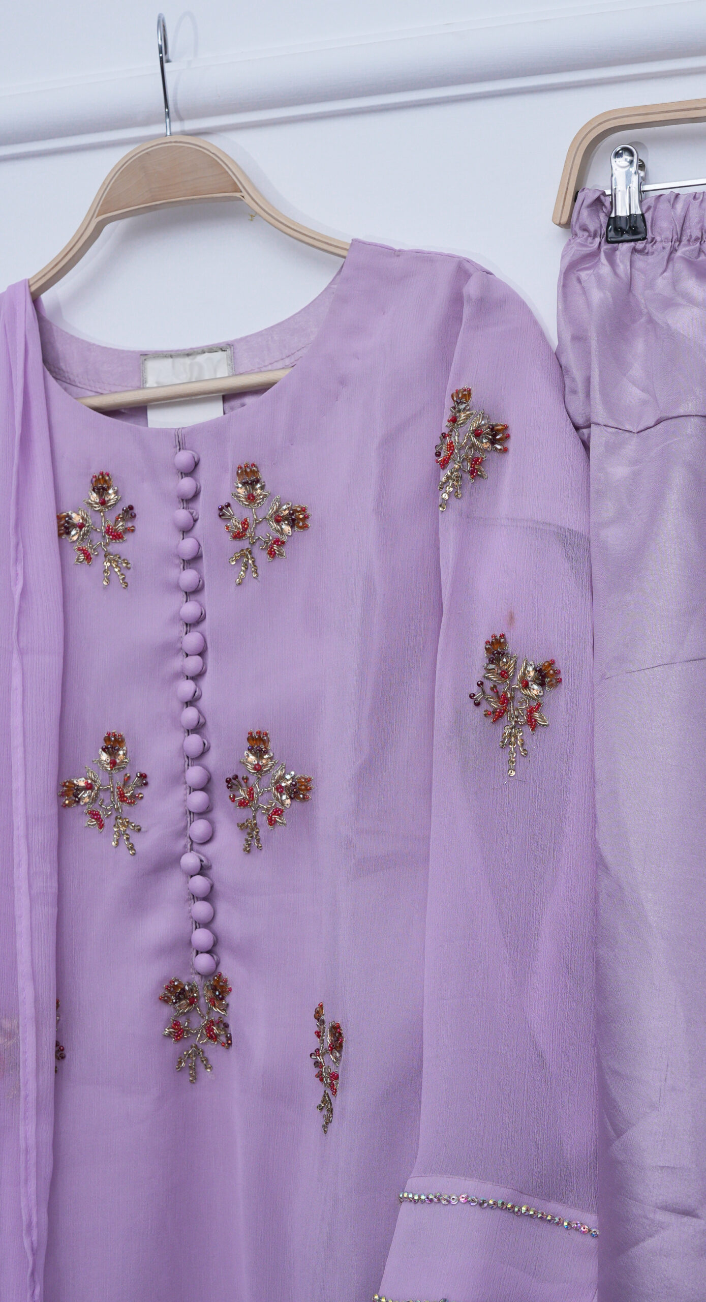 Dusty Plum Hand-Embroidered Katthan Silk & Chiffon Sharara 3-Piece Set