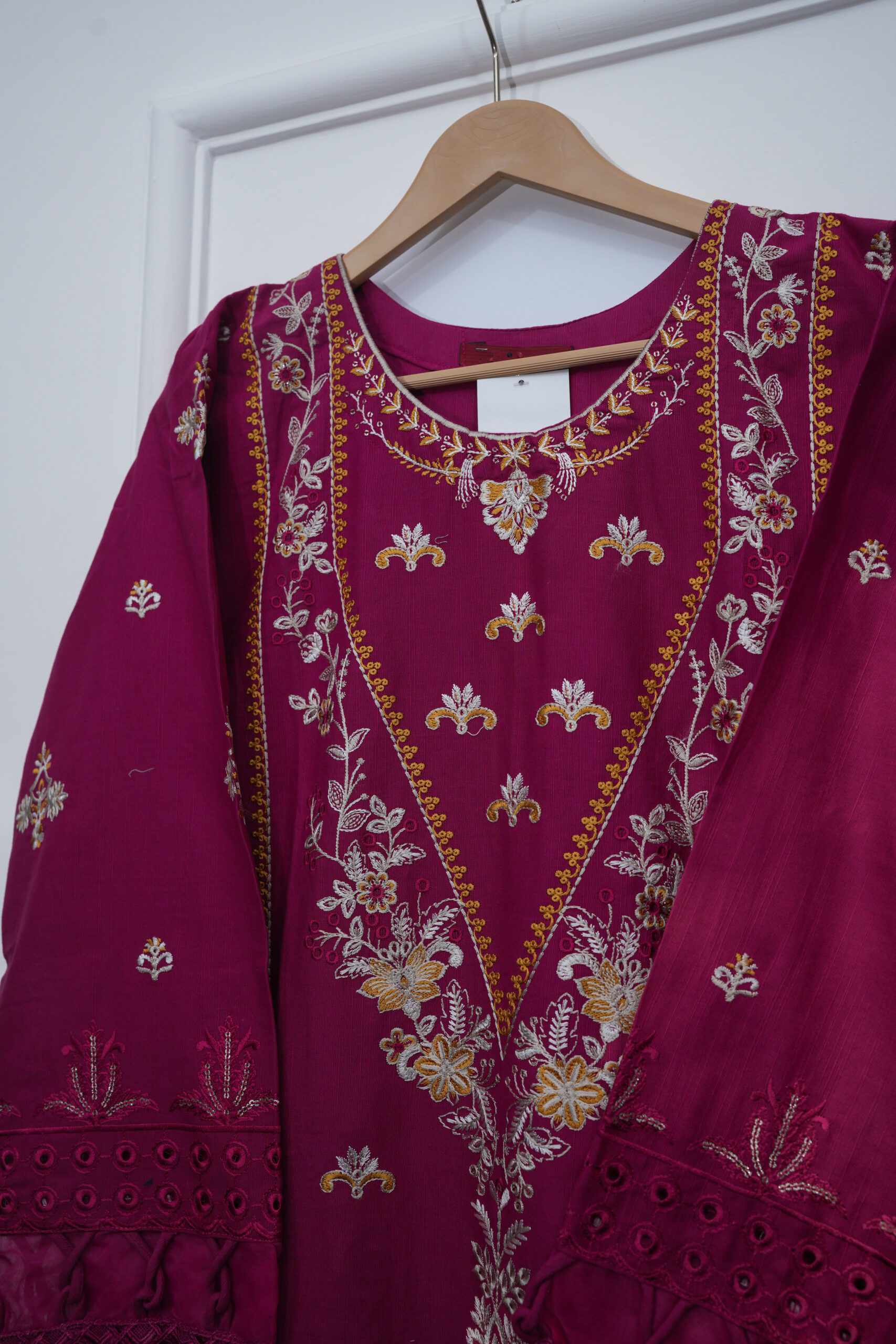 Shocking Pink Embroidered Shirt with Trouser & Shawl – 45" Length