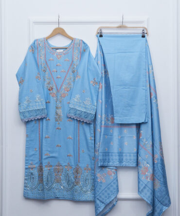 Sky Blue Embroidered Shirt with Trouser & Shawl – 45" Length