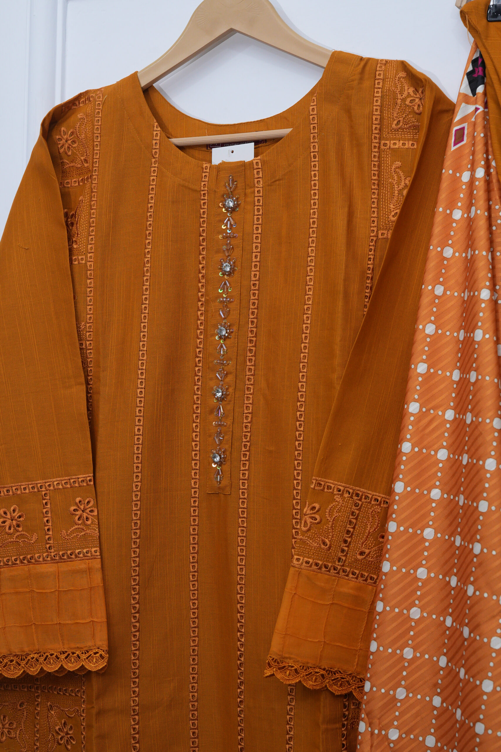 Mustard Embroidered Shirt with Trouser & Shawl – 44" Length