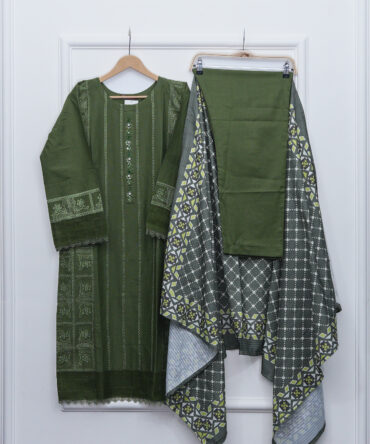 Olive Green Embroidered Shirt with Trouser & Shawl – 44" Length