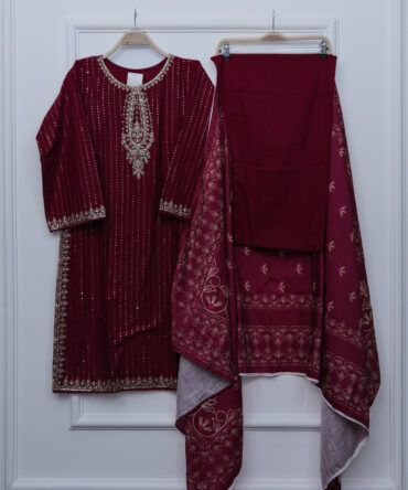 Mehroon Full Embroidered Sequin Shirt with Trouser & Dupatta – 41" Length